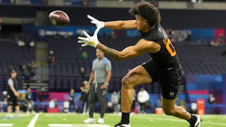 Feb 28, 2026; Indianapolis, IN, USA; Washington wideout Denzel Boston (WO08) during the NFL Scouting Combine at Lucas Oil Stadium. Mandatory Credit: Kirby Lee-Imagn Images