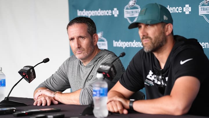 Jul 23, 2025; Philadelphia, PA, USA; Philadelphia Eagles general manager Howie Roseman addresses media during training camp at NovaCare Complex. Mandatory Credit: Kyle Ross-Imagn Images