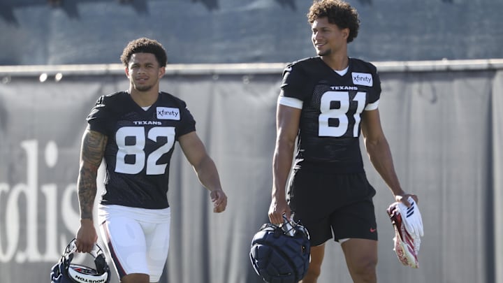 Houston Texans wide receiver Jaylin Noel (82) and wide receiver Jayden Higgins (81) during training camp at Houston Methodist Training Center.