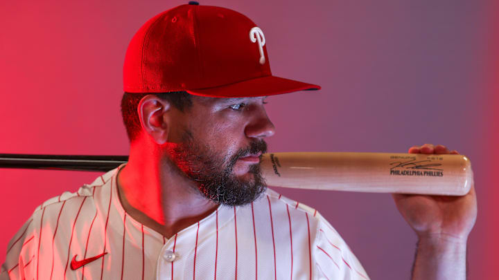 Philadelphia Phillies designated hitter Kyle Schwarber (12) participates in media day at BayCare Ballpark.