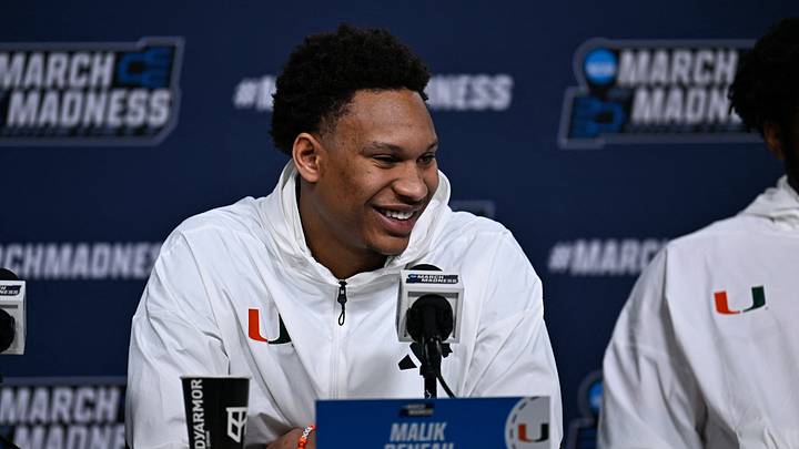 Mar 19, 2026; St. Louis, MO, USA; Miami (FL) Hurricanes forward Malik Reneau reacts to the median during a practice session ahead of the first round of the men's 2026 NCAA Tournament at Enterprise Center. Mandatory Credit: Jeff Le-Imagn Images Mar 19, 2026; St. Louis, MO, USA; Miami (FL) Hurricanes forward Malik Reneau reacts to the median during a practice session ahead of the first round of the men's 2026 NCAA Tournament at Enterprise Center. Mandatory Credit: Jeff Le-Imagn Images
