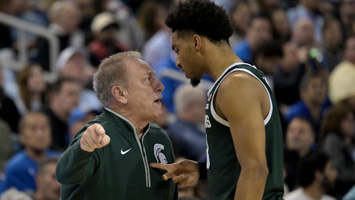 Feb 4, 2025; Los Angeles, California, USA; Michigan State Spartans head coach Tom Izzo has words with guard Jaden Akins (3) in the second half against against the UCLA Bruins at Pauley Pavilion presented by Wescom. Mandatory Credit: Jayne Kamin-Oncea-Imagn Images