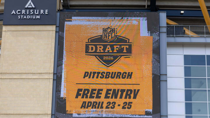 An advertisment for the 2026 NFL Draft is displayed on a video board outside Acrisure Stadium, Wednesday, March 25, 2026 in Pittsburgh, Pa.