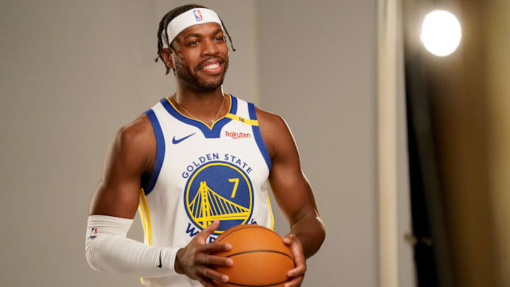 Sep 30, 2024; San Francisco, CA, USA; Golden State Warriors guard Buddy Hield (7) poses for a photo during Media Day at the Chase Center. Mandatory Credit: Cary Edmondson-Imagn Images