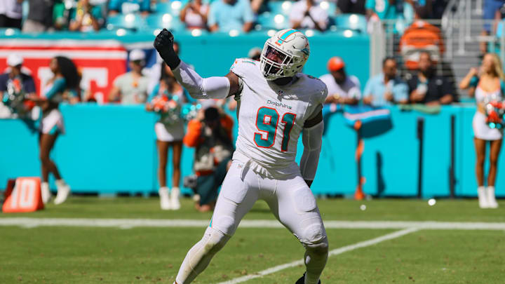 Miami Dolphins linebacker Emmanuel Ogbah (91) celebrates after sacking Jacksonville Jaguars quarterback Trevor Lawrence (not pictured) during the fourth quarter at Hard Rock Stadium. Miami Dolphins linebacker Emmanuel Ogbah (91) celebrates after sacking Jacksonville Jaguars quarterback Trevor Lawrence (not pictured) during the fourth quarter at Hard Rock Stadium.