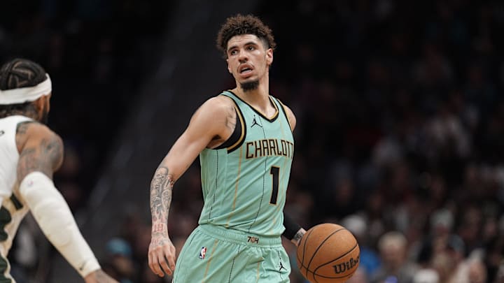 Nov 16, 2024; Charlotte, North Carolina, USA; Charlotte Hornets guard LaMelo Ball (1) during the second half against the Milwaukee Bucks at Spectrum Center. Mandatory Credit: Jim Dedmon-Imagn Images