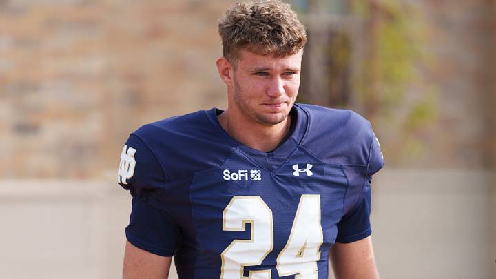 Tight end Ian Premer walks to a Notre Dame football practice at Irish Athletic Center on Saturday, Aug. 8, 2026, in South Bend. Tight end Ian Premer walks to a Notre Dame football practice at Irish Athletic Center on Saturday, Aug. 8, 2026, in South Bend.