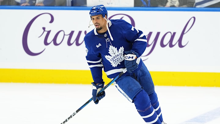 Oct 19, 2024; Toronto, Ontario, CAN; Toronto Maple Leafs right wing Ryan Reaves (75) skates during warmups before a game against the New York Rangers at Scotiabank Arena. Mandatory Credit: Nick Turchiaro-Imagn Images