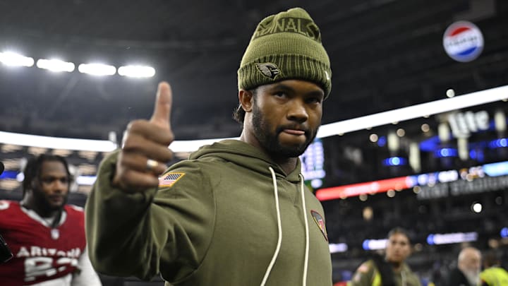 Nov 3, 2025; Arlington, Texas, USA; Arizona Cardinals quarterback Kyler Murray (1) leaves the field after defeating the Dallas Cowboys at AT& T Stadium. Mandatory Credit: Jerome Miron-Imagn Images