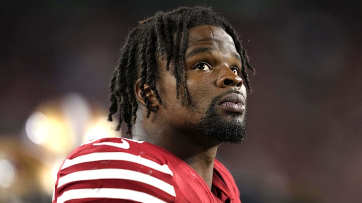 Oct 8, 2023; Santa Clara, California, USA; San Francisco 49ers linebacker Dre Greenlaw (57) during the fourth quarter against the Dallas Cowboys at Levi's Stadium. Mandatory Credit: Darren Yamashita-Imagn Images
