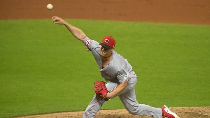 Sep 25, 2024; Cleveland, Ohio, USA; Cincinnati Reds relief pitcher Emilio Pagan (15) delivers a pitch in the eighth inning against the Cleveland Guardians at Progressive Field. Mandatory Credit: David Richard-Imagn Images Sep 25, 2024; Cleveland, Ohio, USA; Cincinnati Reds relief pitcher Emilio Pagan (15) delivers a pitch in the eighth inning against the Cleveland Guardians at Progressive Field. Mandatory Credit: David Richard-Imagn Images