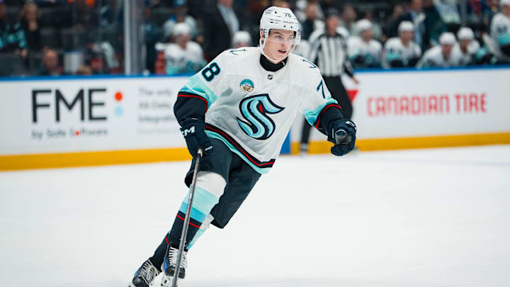 Sep 26, 2025; Vancouver, British Columbia, CAN; Seattle Kraken forward Oscar Fisker Molgaard (78) skates against the Vancouver Canucks in the second period at Rogers Arena. Mandatory Credit: Bob Frid-Imagn Images