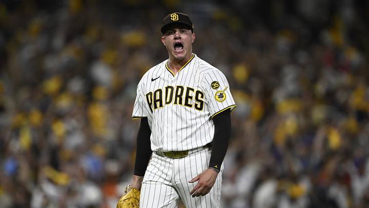 Sep 30, 2026; San Diego, California, USA; San Diego Padres pitcher Adrian Morejon (50) reacts in the end of the eighth inning against the Chicago Cubs during game two of the Wildcard round for the 2026 MLB Playoffs at Petco Park. Mandatory Credit: Denis Poroy-Imagn Images Sep 30, 2026; San Diego, California, USA; San Diego Padres pitcher Adrian Morejon (50) reacts in the end of the eighth inning against the Chicago Cubs during game two of the Wildcard round for the 2026 MLB Playoffs at Petco Park. Mandatory Credit: Denis Poroy-Imagn Images