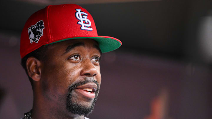 Apr 15, 2026; St. Louis, Missouri, USA; St. Louis Cardinals right fielder Jordan Walker (18) looks on from the dugout with a patch on his hat honoring Jackie Robinson during the eighth inning against the Cleveland Guardians at Busch Stadium. Players and coaches are wearing number 42 in recognition of Jackie Robinson Day. Mandatory Credit: Jeff Curry-Imagn Images