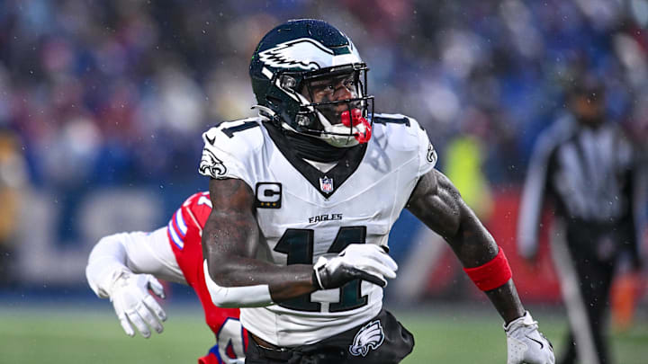 Dec 28, 2025; Orchard Park, New York, USA; Philadelphia Eagles wide receiver A.J. Brown (11) looks to receive a pass in the first quarter against the Buffalo Bills at Highmark Stadium. Mandatory Credit: Mark Konezny-Imagn Images