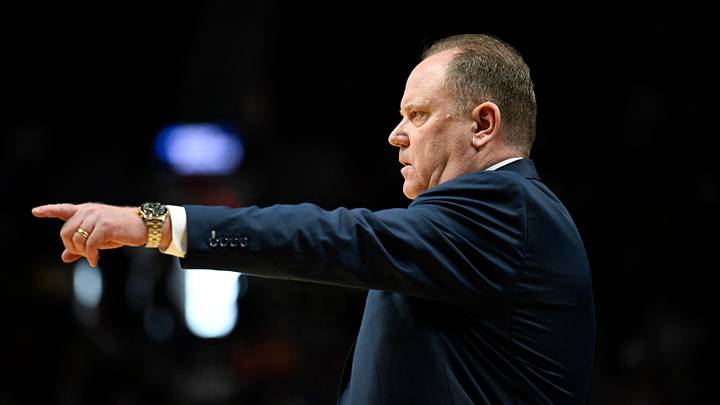 Mar 19, 2026; Portland, OR, USA; Wisconsin Badgers head coach Greg Gard reacts during the second half of a first round game of the men's 2026 NCAA Tournament against the High Point Panthers at Moda Center. Mandatory Credit: Troy Wayrynen-Imagn Images