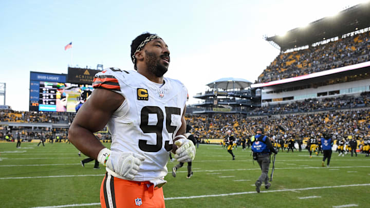 Dec 8, 2024; Pittsburgh, Pennsylvania, USA; Cleveland Browns defensive end Myles Garrett (95) leaves the field following  a game against the Pittsburgh Steelers at Acrisure Stadium. Mandatory Credit: Barry Reeger-Imagn Images