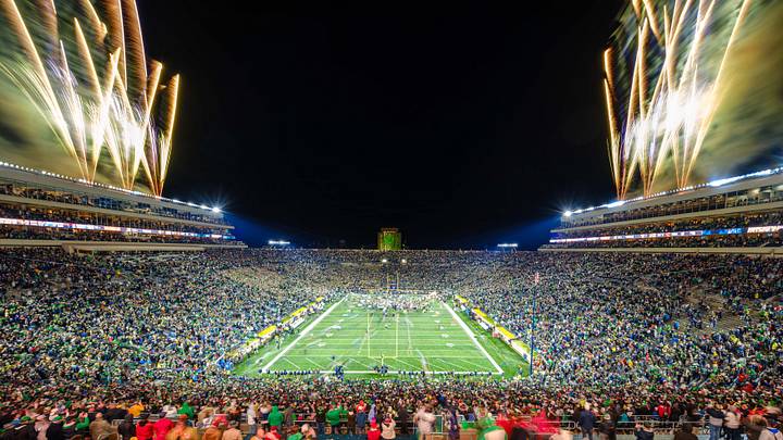 Fireworks go off after the Notre Dame Fighting Irish defeated the USC Trojans 48-20 at Notre Dame Stadium. Fireworks go off after the Notre Dame Fighting Irish defeated the USC Trojans 48-20 at Notre Dame Stadium.