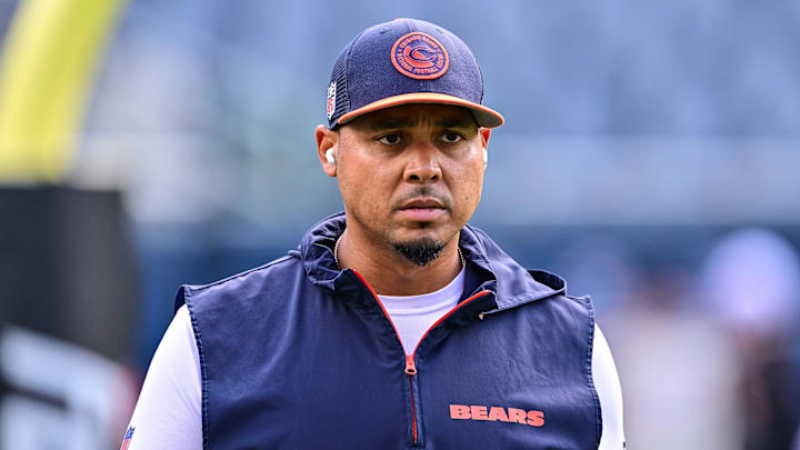 Aug 17, 2024; Chicago, Illinois, USA; Chicago Bears general manager Ryan Poles looks on before the game against the Cincinnati Bengals at Soldier Field. Mandatory Credit: Daniel Bartel-Imagn Images