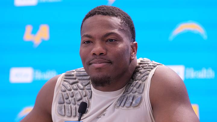 Jul 30, 2026; El Segundo, CA, USA; Los Angeles Chargers linebacker Daiyan Henley at training camp press conference at The Bolt. Mandatory Credit: Kirby Lee-Imagn Images