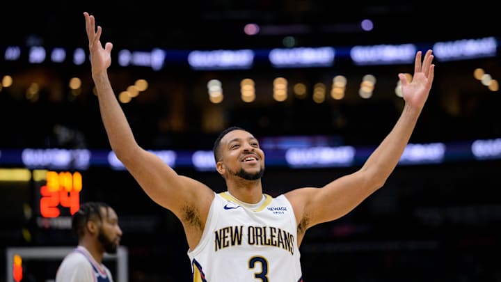 Mar 11, 2025; New Orleans, Louisiana, USA; New Orleans Pelicans guard CJ McCollum (3) reacts after a three-point basket against the Los Angeles Clippers during the fourth quarter at Smoothie King Center. Mandatory Credit: Matthew Hinton-Imagn Images