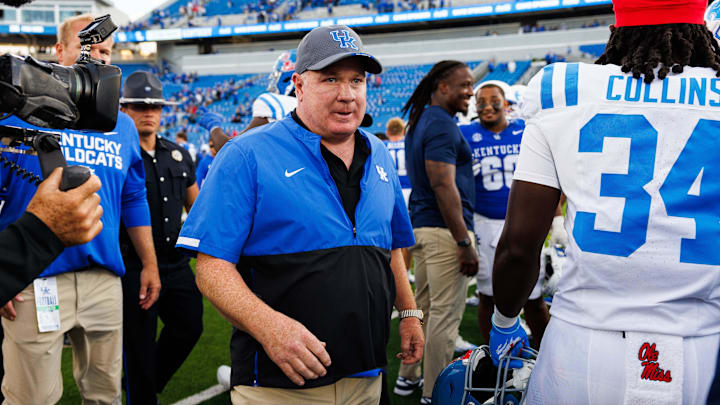 Sep 6, 2025; Lexington, Kentucky, USA; Kentucky Wildcats head coach Mark Stoops makes his way off the field after the game against the Mississippi Rebels at Kroger Field. Mandatory Credit: Jordan Prather-Imagn Images