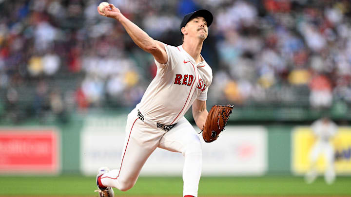 Aug 19, 2025; Boston, Massachusetts, USA; Boston Red Sox starting pitcher Walker Buehler (0) pitches against the Baltimore Orioles during the first inning at Fenway Park. Mandatory Credit: Brian Fluharty-Imagn Images