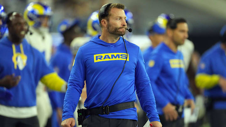Oct 24, 2024; Inglewood, California, USA; Los Angeles Rams coach Sean McVay reacts against the Minnesota Vikings in the second half at SoFi Stadium. Mandatory Credit: Kirby Lee-Imagn Images