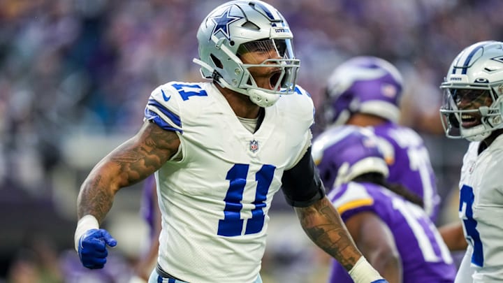 Nov 20, 2022; Minneapolis, Minnesota, USA; Dallas Cowboys linebacker Micah Parsons (11) celebrates