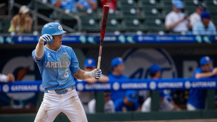 May 23, 2024; Charlotte, NC, USA; North Carolina Tar Heels infielder Jackson Van De Brake (6) at bat in the seventh inning against the Pittsburgh Panthers during the ACC Baseball Tournament at Truist Field. Mandatory Credit: Scott Kinser-USA TODAY Sports