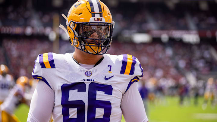 Sep 14, 2024; Columbia, South Carolina, USA; LSU Tigers offensive tackle Will Campbell (66) warms up before a game against the South Carolina Gamecocks at Williams-Brice Stadium. Mandatory Credit: Scott Kinser-Imagn Images