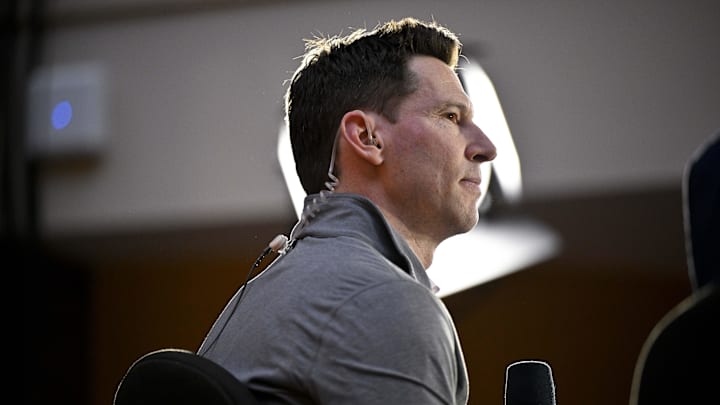 Dec 9, 2024; Dallas, TX, USA; Boston Red Sox chief baseball officer Craig Breslow speaks with the media 
at the Hilton Anatole during the 2024 MLB Winter Meetings. Mandatory Credit: Jerome Miron-Imagn Images