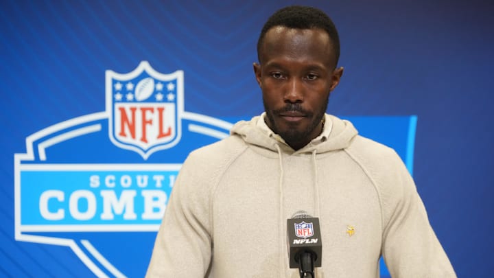 Feb 25, 2025; Indianapolis, IN, USA; Minnesota Vikings general manager Kwesi Adofo-Mensah speaks during the NFL Scouting Combine at the Indiana Convention Center. Feb 25, 2025; Indianapolis, IN, USA; Minnesota Vikings general manager Kwesi Adofo-Mensah speaks during the NFL Scouting Combine at the Indiana Convention Center.