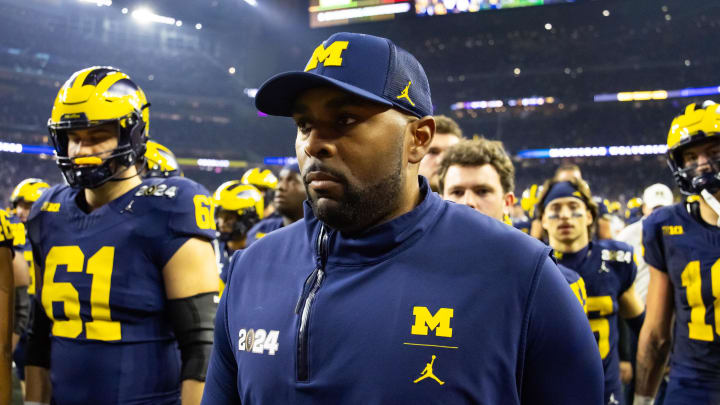 Jan 8, 2024; Houston, TX, USA; Michigan Wolverines offensive coordinator Sherrone Moore against the Washington Huskies during the 2024 College Football Playoff national championship game at NRG Stadium. Mandatory Credit: Mark J. Rebilas-USA TODAY Sports