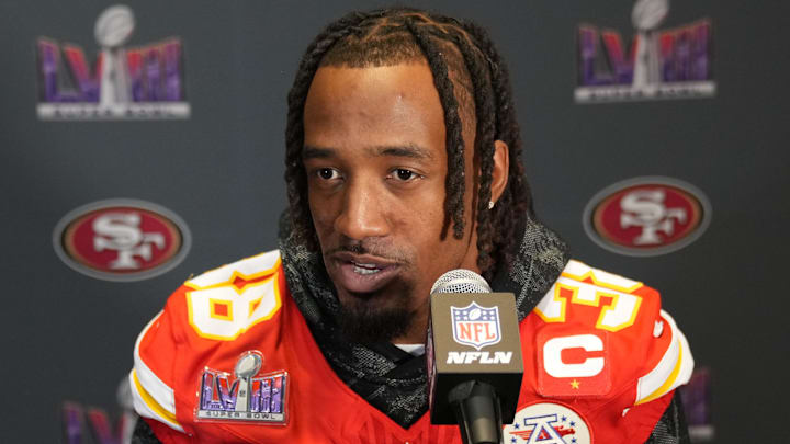 Feb 8, 2024; Las Vegas, NV, USA;  Kansas City Chiefs cornerback L'Jarius Sneed (38) during a press