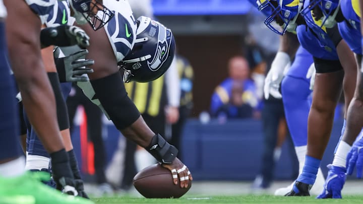 Jan 5, 2025; Inglewood, California, USA; Seattle Seahawks offensive line at the ready versus the Los Angeles Rams at SoFi Stadium.