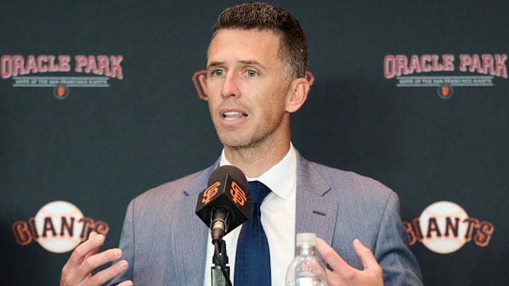 Oct 1, 2024; San Francisco, CA, USA; San Francisco Giants president of baseball operations Buster Posey addresses the media during an introductory press conference at Oracle Park.  