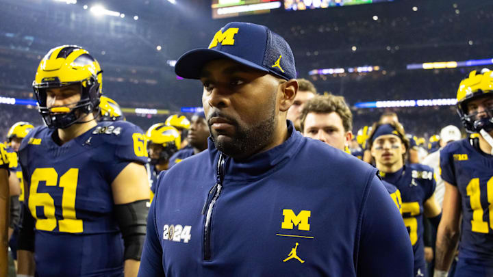 Jan 8, 2024; Houston, TX, USA; Michigan Wolverines offensive coordinator Sherrone Moore against the