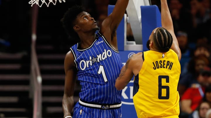 Dec 7, 2018; Orlando, FL, USA; Orlando Magic forward Jonathan Isaac (1) defends Indiana Pacers guard Cory Joseph (6) during the second half at Amway Center. Mandatory Credit: Kim Klement-USA TODAY Sports