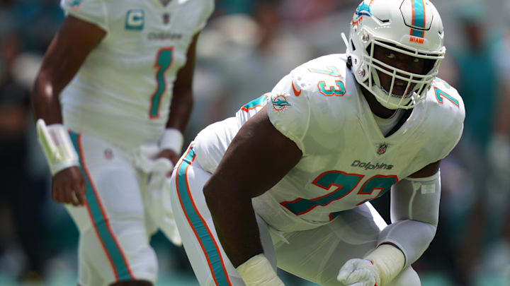 Sep 11, 2022; Miami Gardens, Florida, USA; Miami Dolphins guard Austin Jackson (73) lines up in