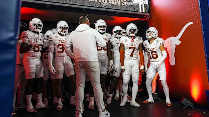Texas Longhorns head coach Steve Sarkisian leads his team to the field for the second half of the College Football Playoff semifinal game against Ohio State in the Cotton Bowl at AT&T Stadium on Friday, Jan. 10, 2024 in Arlington, Texas.