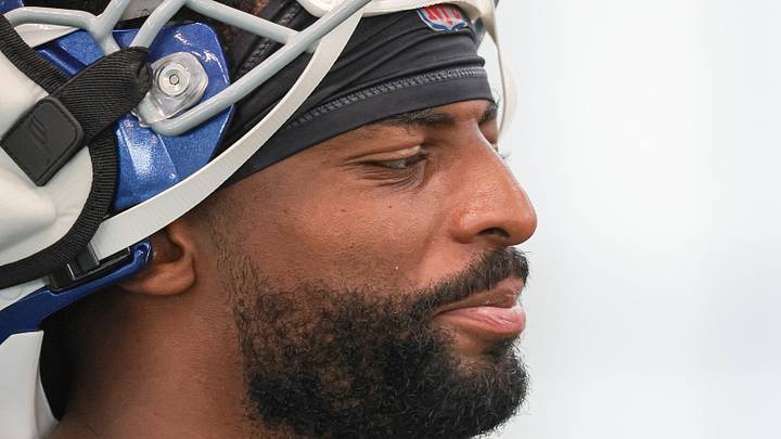 Former Indianapolis Colts wide receiver Darius Slayton talks with the media