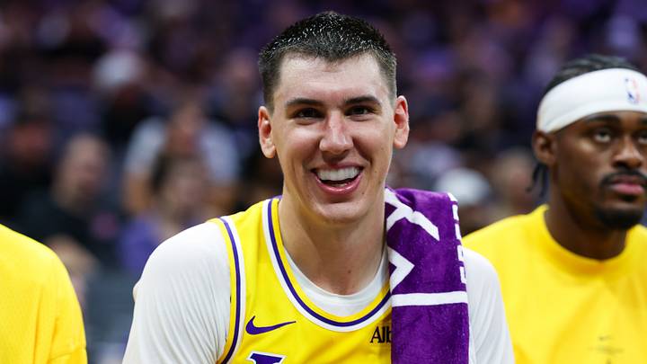 Oct 5, 2026; Sacramento, California, USA; Los Angeles Lakers forward Jake LaRavia (12) smiles on the bench during the second quarter against the Sacramento Kings at Golden 1 Center. Mandatory Credit: Sergio Estrada-Imagn Images Oct 5, 2026; Sacramento, California, USA; Los Angeles Lakers forward Jake LaRavia (12) smiles on the bench during the second quarter against the Sacramento Kings at Golden 1 Center. Mandatory Credit: Sergio Estrada-Imagn Images