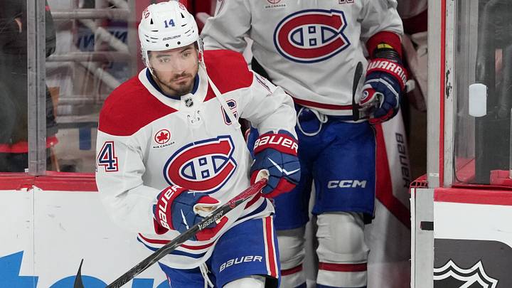 May 21, 2026; Raleigh, North Carolina, USA; Montreal Canadiens center Nick Suzuki (14) takes the ice for warmups before game one of the Eastern Conferene Final against the Carolina Hurricanes of the 2026 Stanley Cup Playoffs at Lenovo Center. Mandatory Credit: James Guillory-Imagn Images
