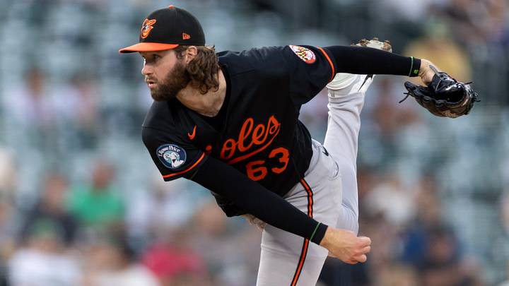 Aug 28, 2026; West Sacramento, California, USA;  Baltimore Orioles starting pitcher Brandon Young (63) delivers a pitch against the Athletics during the first inning at Sutter Health Park.  Mandatory Credit: D. Ross Cameron-Imagn Images