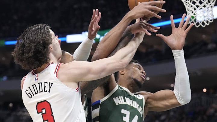 Milwaukee Bucks forward Giannis Antetokounmpo and Chicago Bulls guard Josh Giddey were both listed as questionable on Saturday's injury report prior to their Central Division showdown. Mandatory Credit: Michael McLoone-Imagn Images