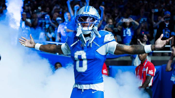 Detroit Lions running back Jahmyr Gibbs (0) is introduced to the starting lineup ahead of a game against the New Orleans Saints at Ford Field in Detroit on Sunday Sept. 13, 2026. Detroit Lions running back Jahmyr Gibbs (0) is introduced to the starting lineup ahead of a game against the New Orleans Saints at Ford Field in Detroit on Sunday Sept. 13, 2026.