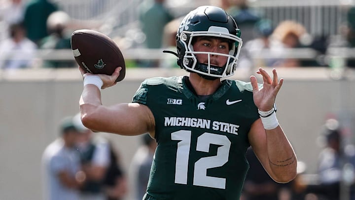 Michigan State quarterback Katin Houser warms up before the Maryland game at Spartan Stadium in East Lansing on Saturday, Sept. 23, 2023.