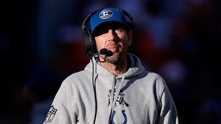 Dec 15, 2024; Denver, Colorado, USA; Indianapolis Colts head coach Shane Steichen in the second quarter against the Denver Broncos at Empower Field at Mile High. 