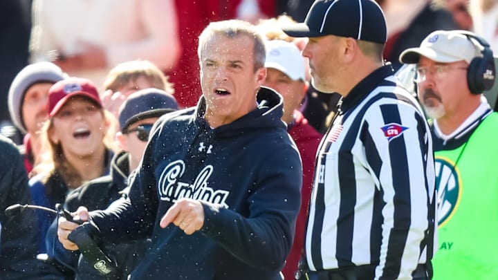 Nov 29, 2025; Columbia, South Carolina, USA; South Carolina Gamecocks head coach Shane Beamer disputes pass interference call against the Clemson Tigers in the second quarter at Williams-Brice Stadium. Mandatory Credit: Jeff Blake-Imagn Images